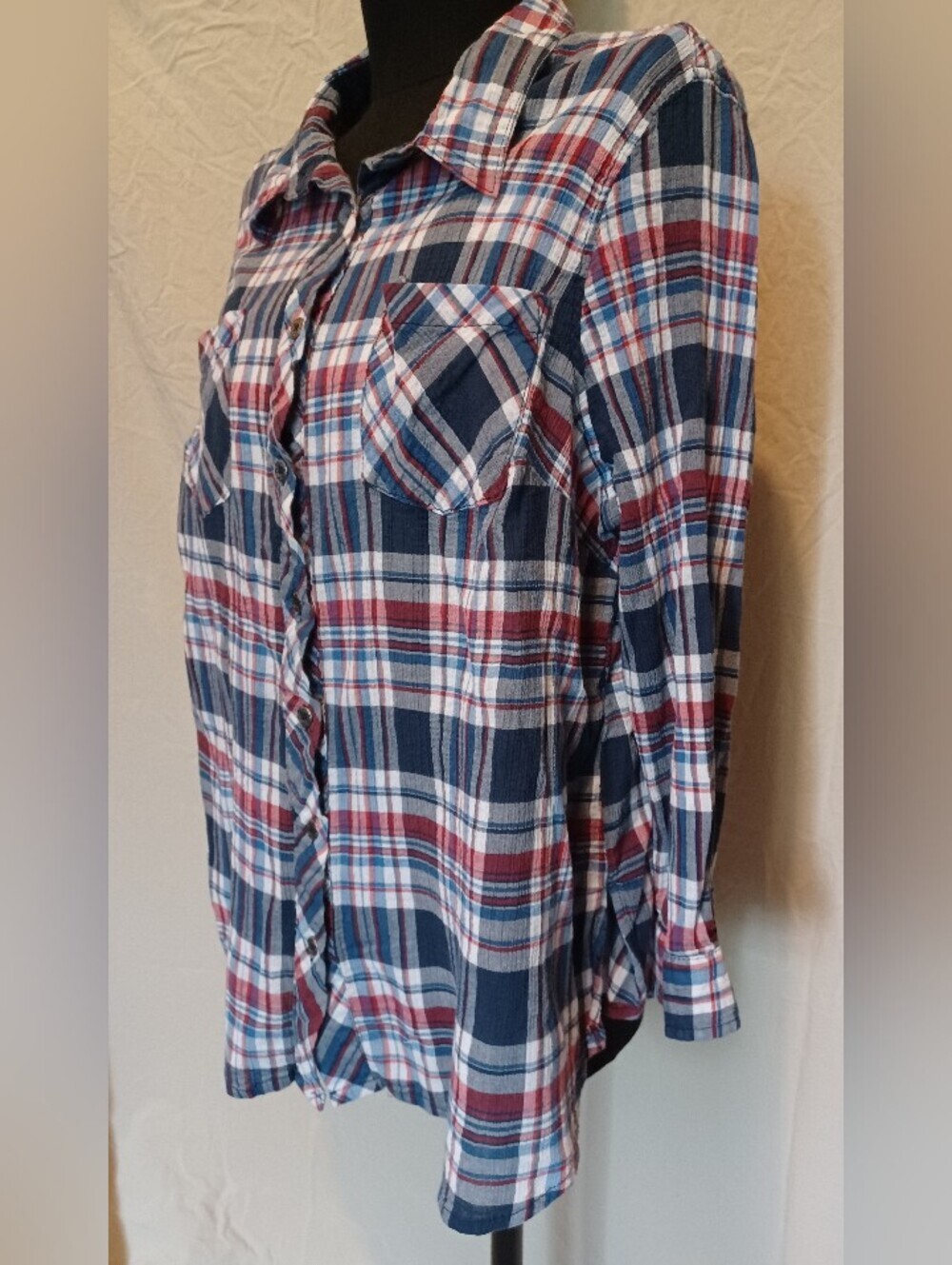 Catherines Red, Navy & Light Blue Plaid Button-Up Utility Shirt Blouse - Picture 6 of 12